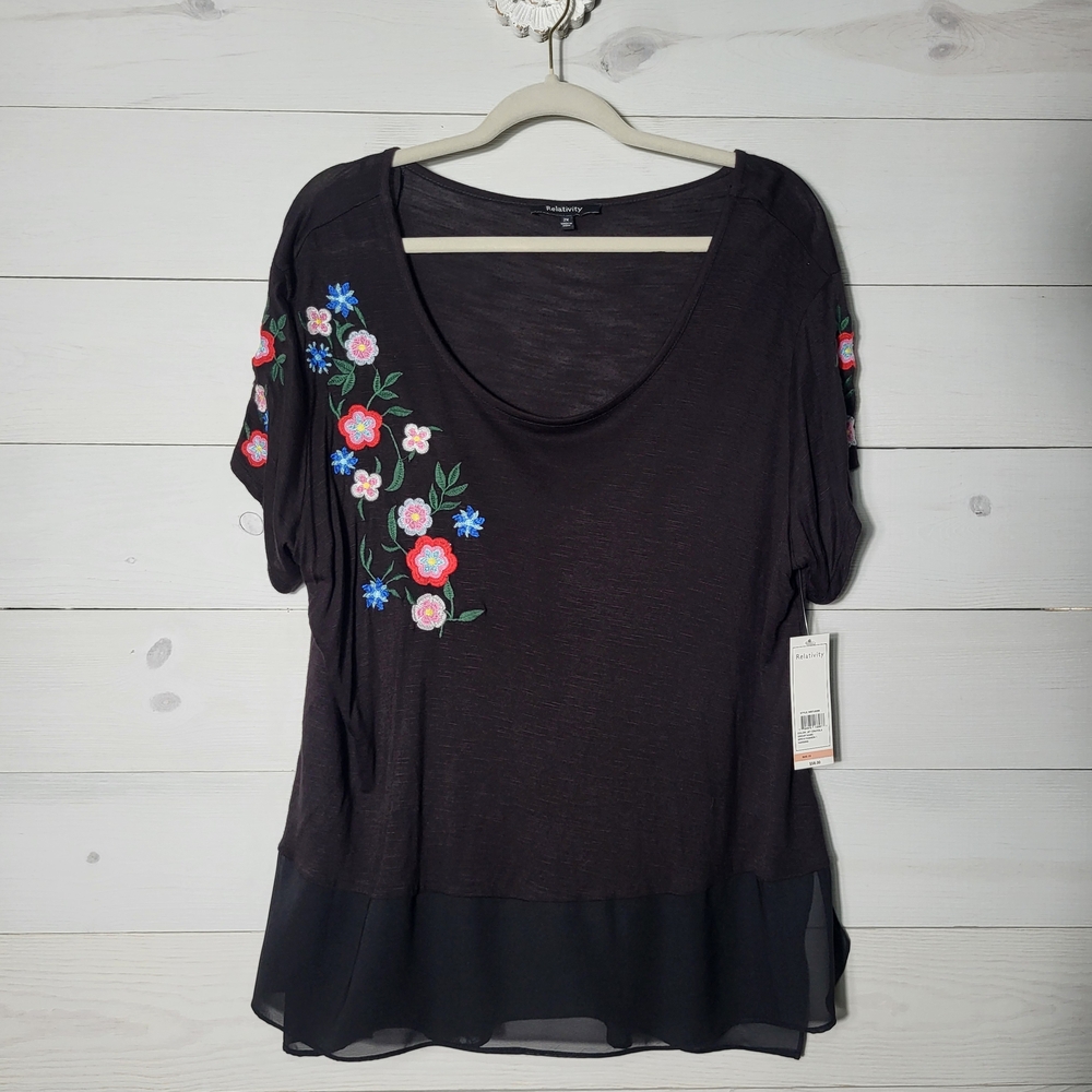 NWT Relativity Top Floral Embroidered Whimsy Black Sheer Hem BOHO  Plus Size.